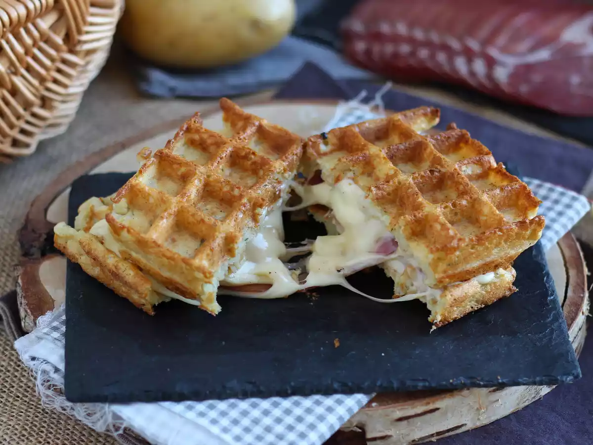 Sandwich de gaufres de pommes de terre à la raclette, le plat réconfortant par excellence